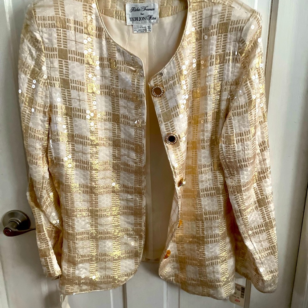 Rickie Freeman for Teri Jon Silk Wool Skirt Suit Gold & White Sequins
